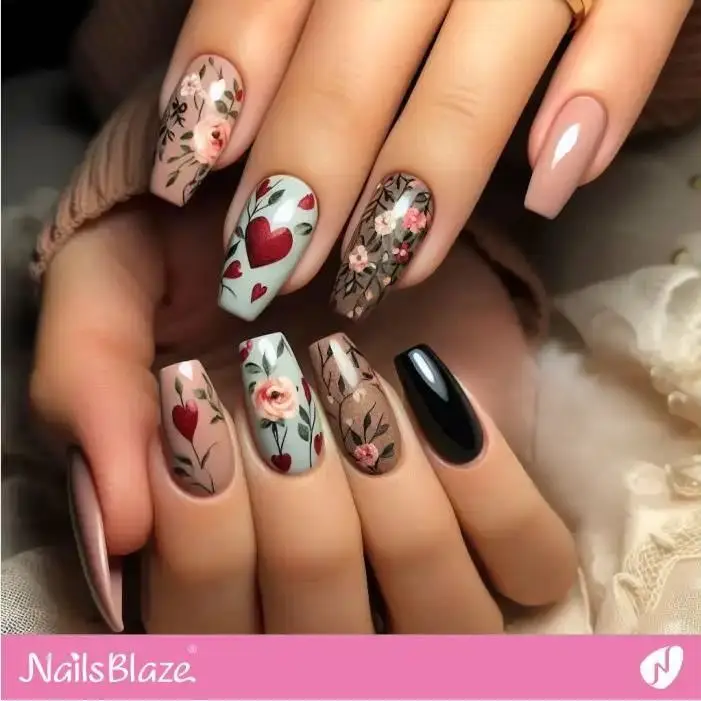 Floral Nail Design with Hearts and Roses | Valentine Nails - NB2430